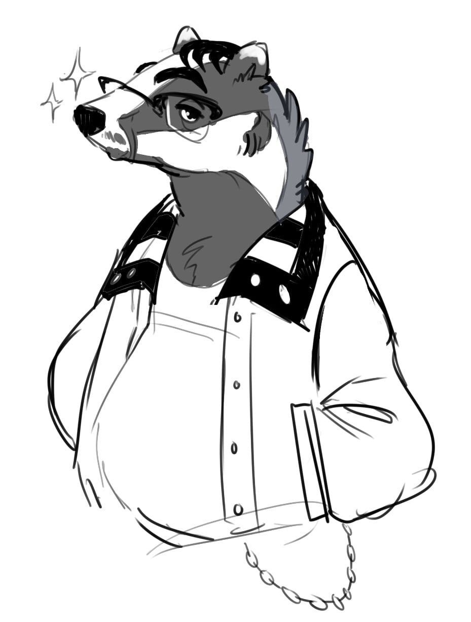 An anthropomorphic badger in a windbreaker with a wallet chain and glasses