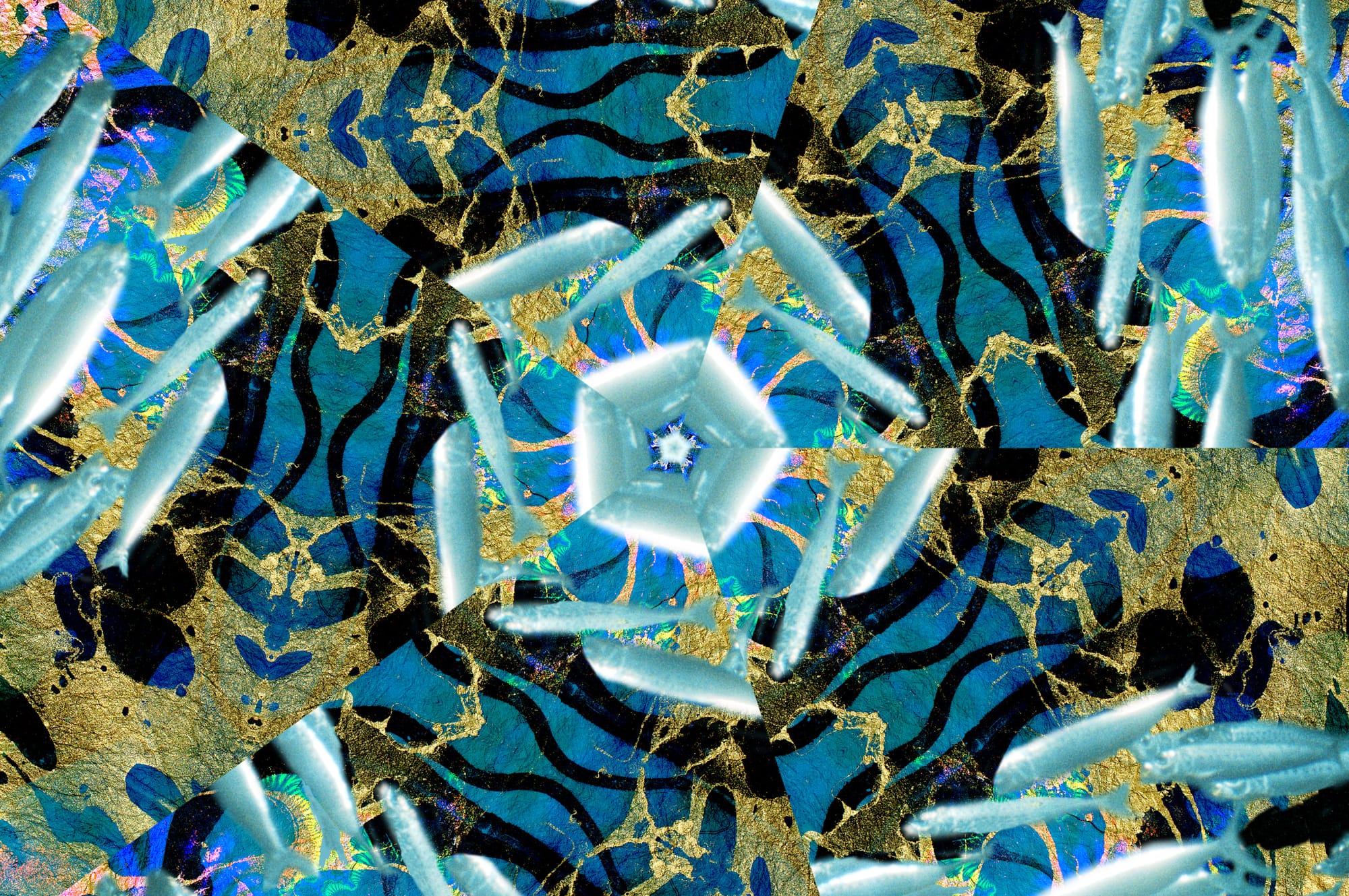 A blue and gold kaleidoscope of abstract shapes and colors