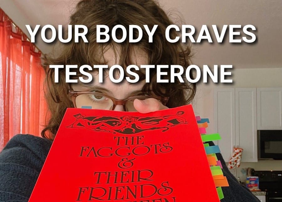 A trans guy is holding a copy of "the faggots & their friends". captioned "your body craves testosterone".