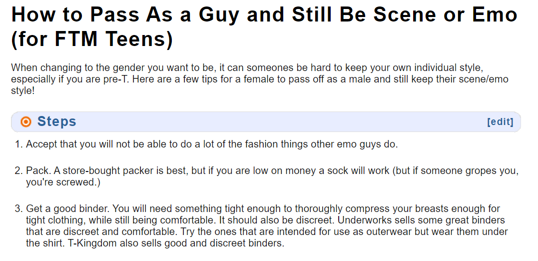 A Web 1.0 style WikiHow page reads "How to Pass As a Guy and Still Be Scene or Emo (for FTM Teens)"