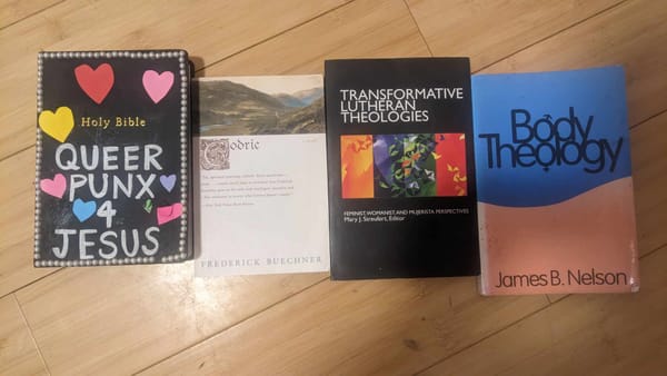 From left: A bible painted with the phrase "queer punx for jesus", Godric, Transformative Lutheran Theologies, Body Theology
