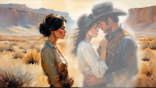 Oil pastel style art of an old west woman thinking about herself being held by a cowboy.